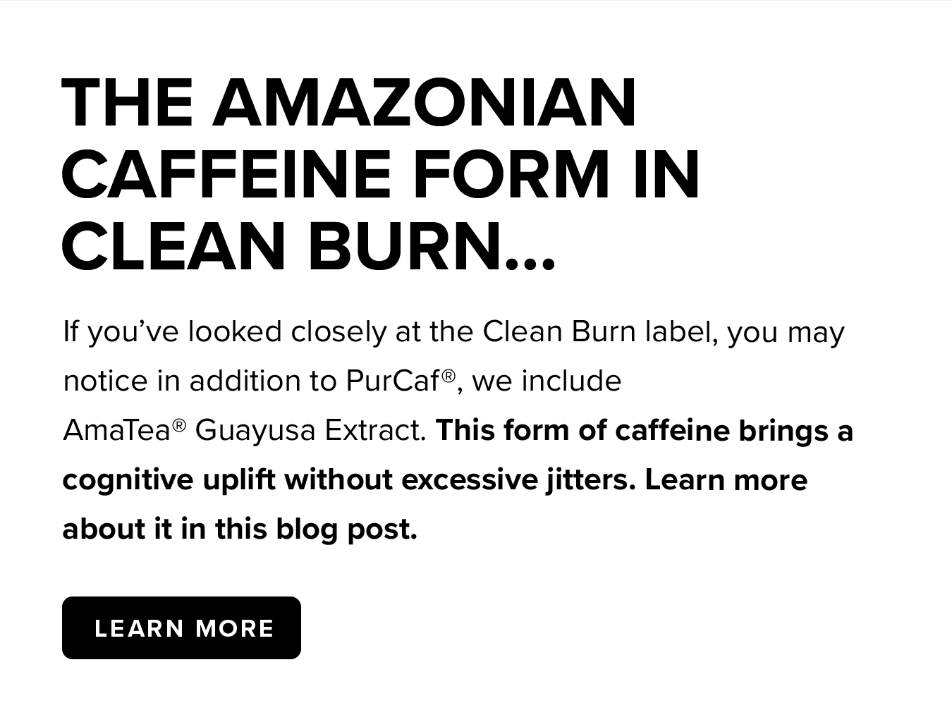 The Amazonian  Caffeine Form in  Clean Burn… If you've looked closely at the Clean Burn label, you may notice in addition to PurCaf®, we include AmaTea® Guayusa Extract. This form of caffeine brings a cognitive uplift without excessive jitters. Learn more about it in this blog post. 