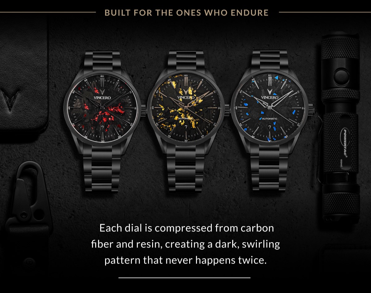 BUILT FOR THE ONES WHO ENDURE Each dial is compressed from carbon fiber and resin, creating a dark, swirling pattern that never happens twice.