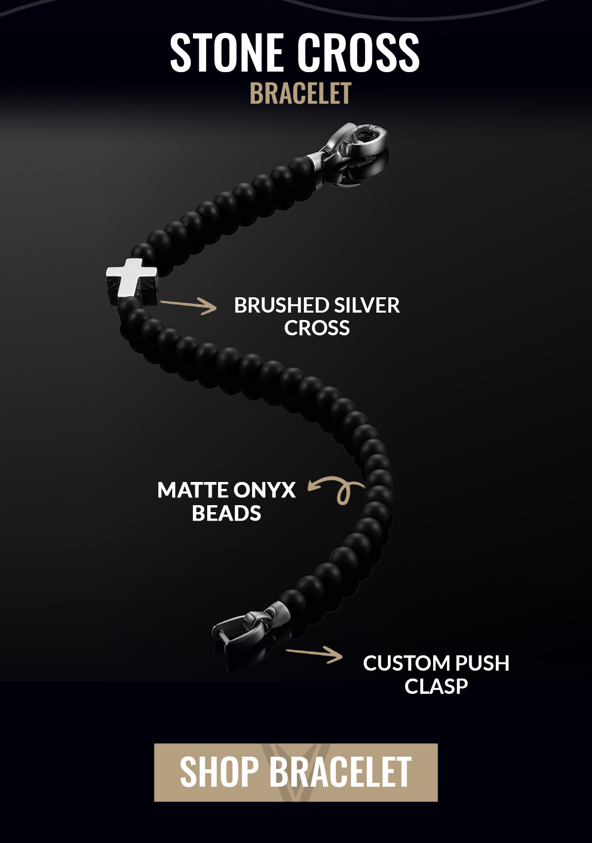 STONE CROSS BRACELET BRUSHED SILVER CROSS MATTE ONYX BEADS CUSTOM PUSH CLASP SHOP BRACELET