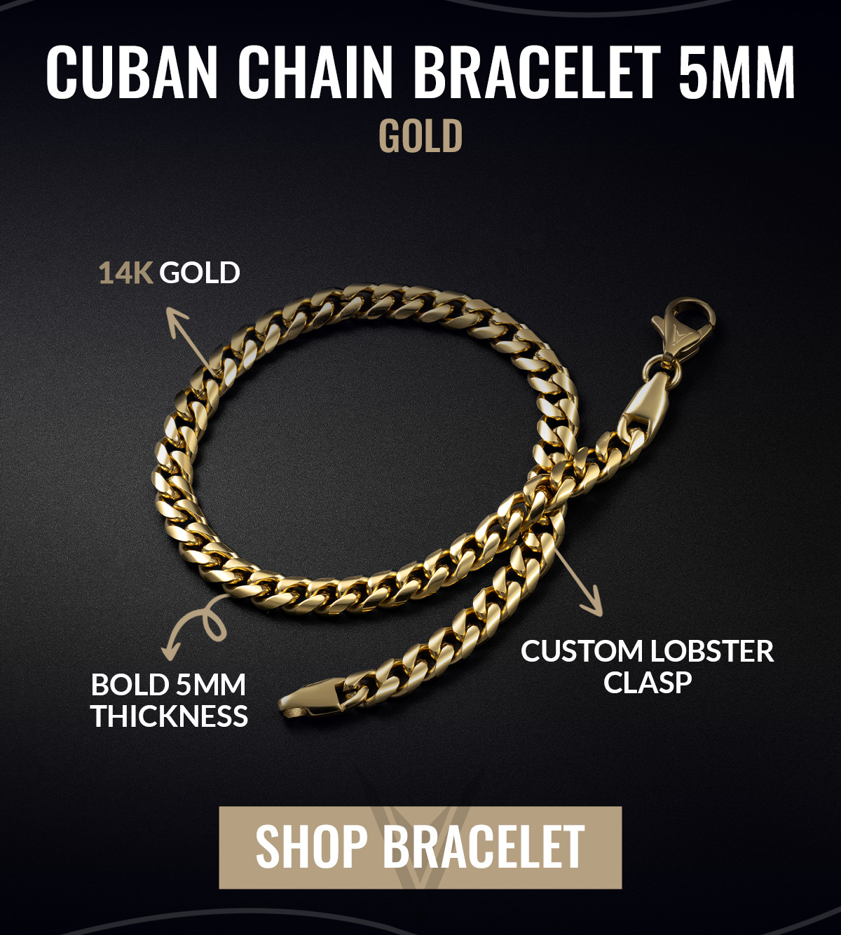 CUBAN CHAIN BRACELET 5MM GOLD 14K GOLD BOLD 5MM THICKNESS CUSTOM LOBSTER CLASP SHOP BRACELET