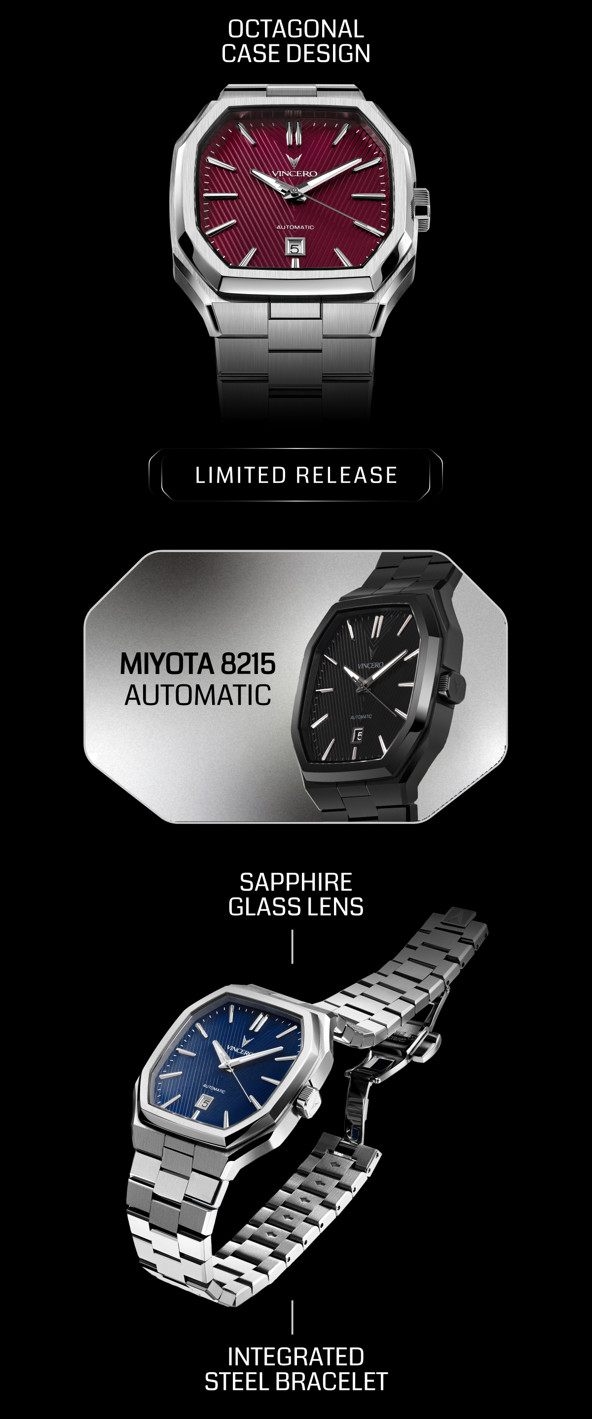 Octagonal case design limited release miyota 8215 automatic sapphire glass lens integrated steel bracelet