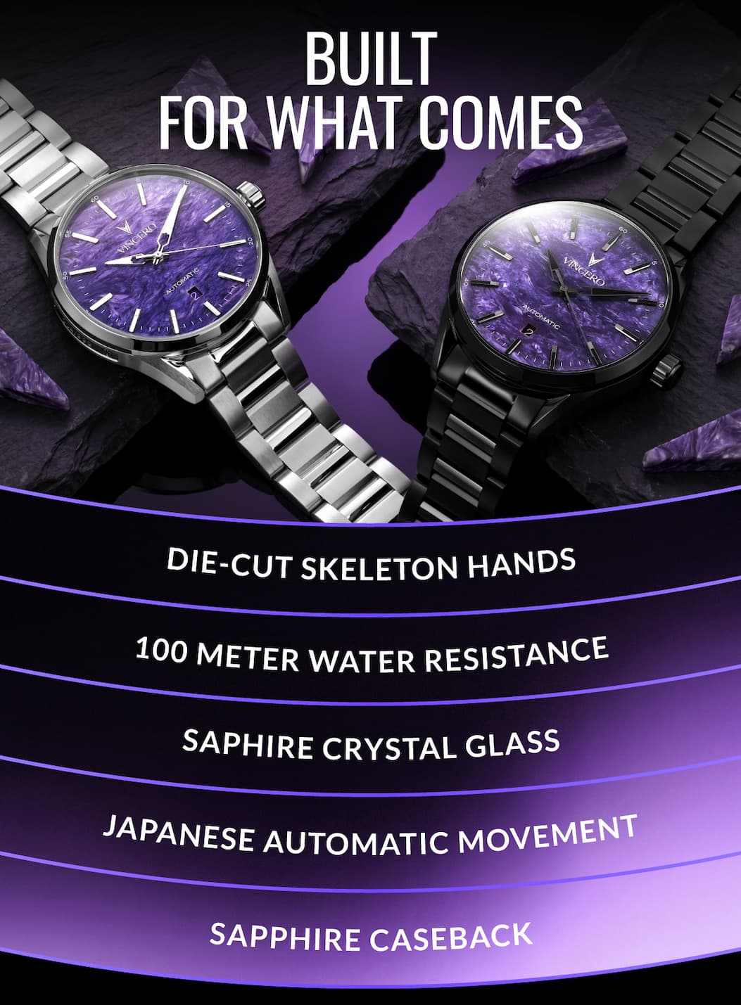 BUILT FOR WHAT COMES DIE-CUT SKELETON HANDS 100 METER WATER RESISTANCE SAPHIRE CRYSTAL GLASS JAPANESE AUTOMATIC MOBVEMENT SAPPHIRE CASEBACK