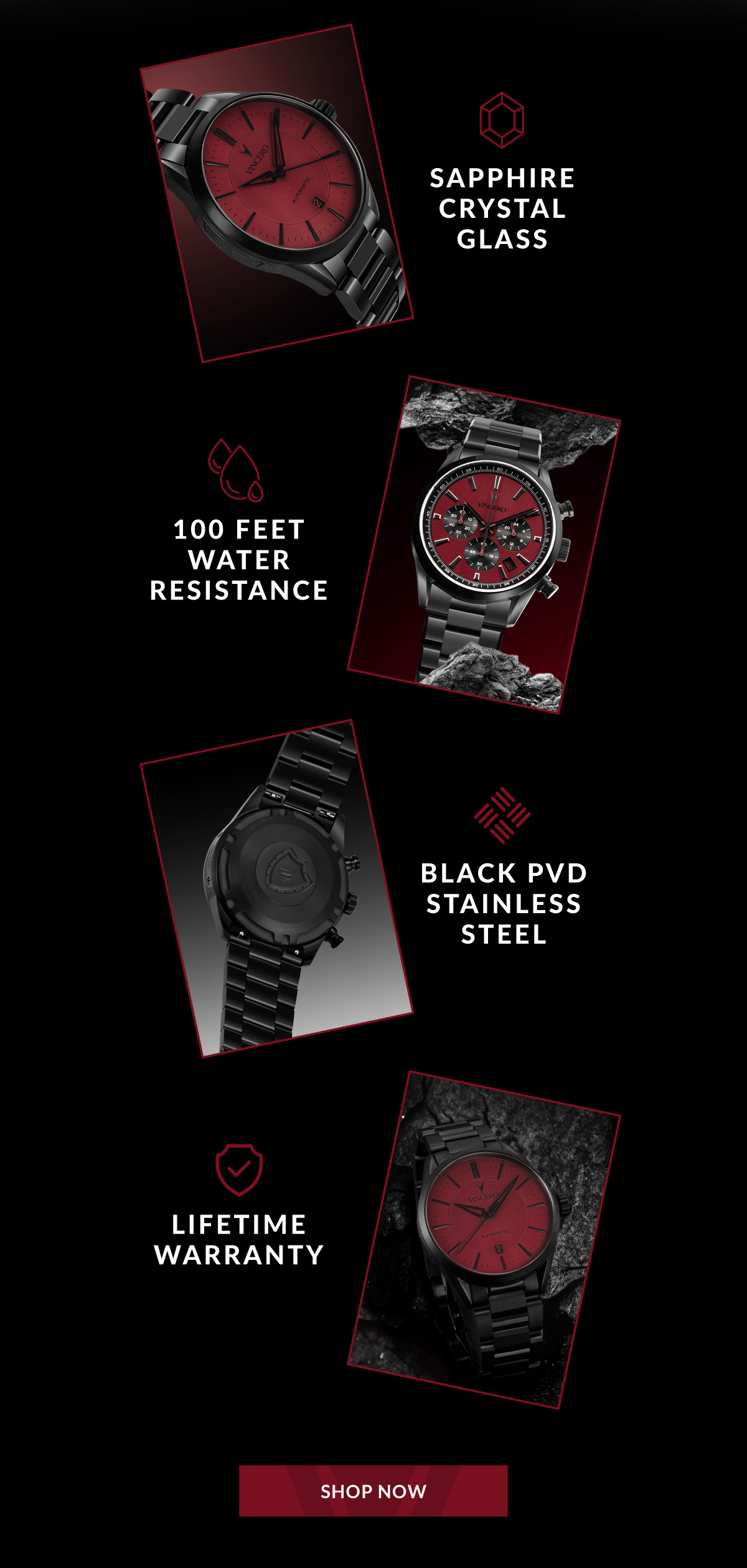 SAPPHIRE CRYSTAL GLASS 100 FEET WATER RESISTANCE BLACK PVD STEEL LIFETIME WARRANTY SHOP NOW