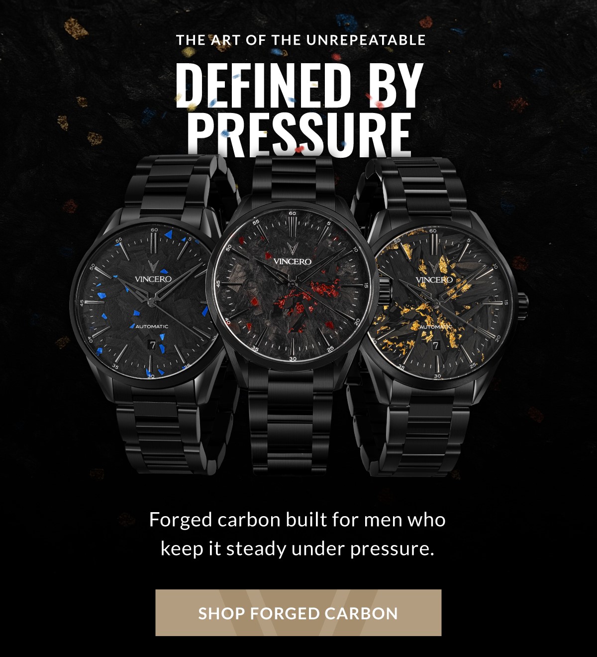 The Art of Unrepeatable Define by Pressure Forged carbon built for men who keep it steady under pressure. SHOP FORGED CARBON