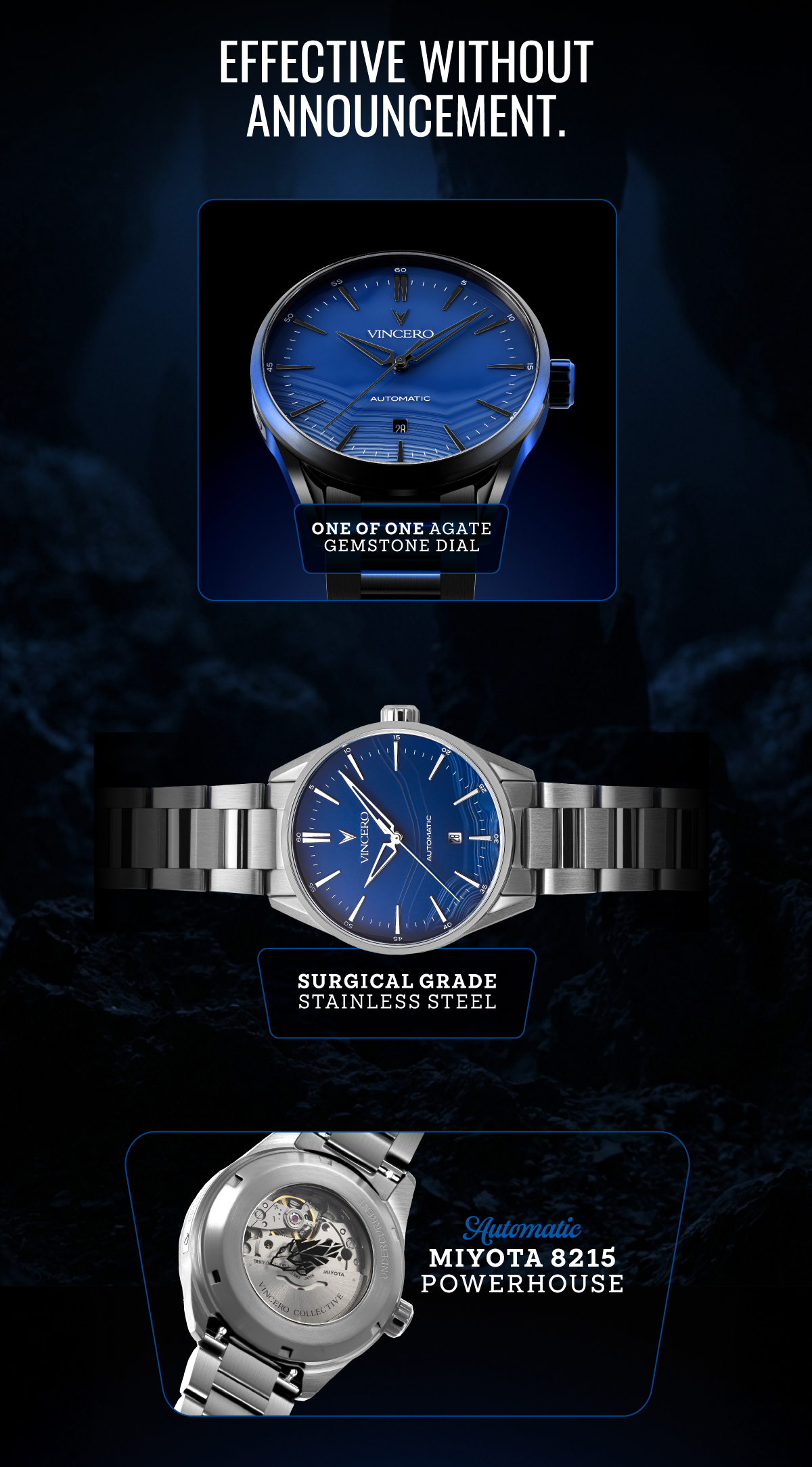 Effective without announcement. One of one agate gemstone dial. Surgical grade stainless steel. Automatic Miyota 8215 Powerhouse