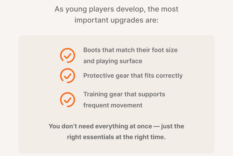 As young players develop, the most important upgrades are: Boots that match their foot size and playing surface. Protective gear that fits correctly. Training gear that supports frequent movement. You don't need everything at once —  just the right essentials at the right time.