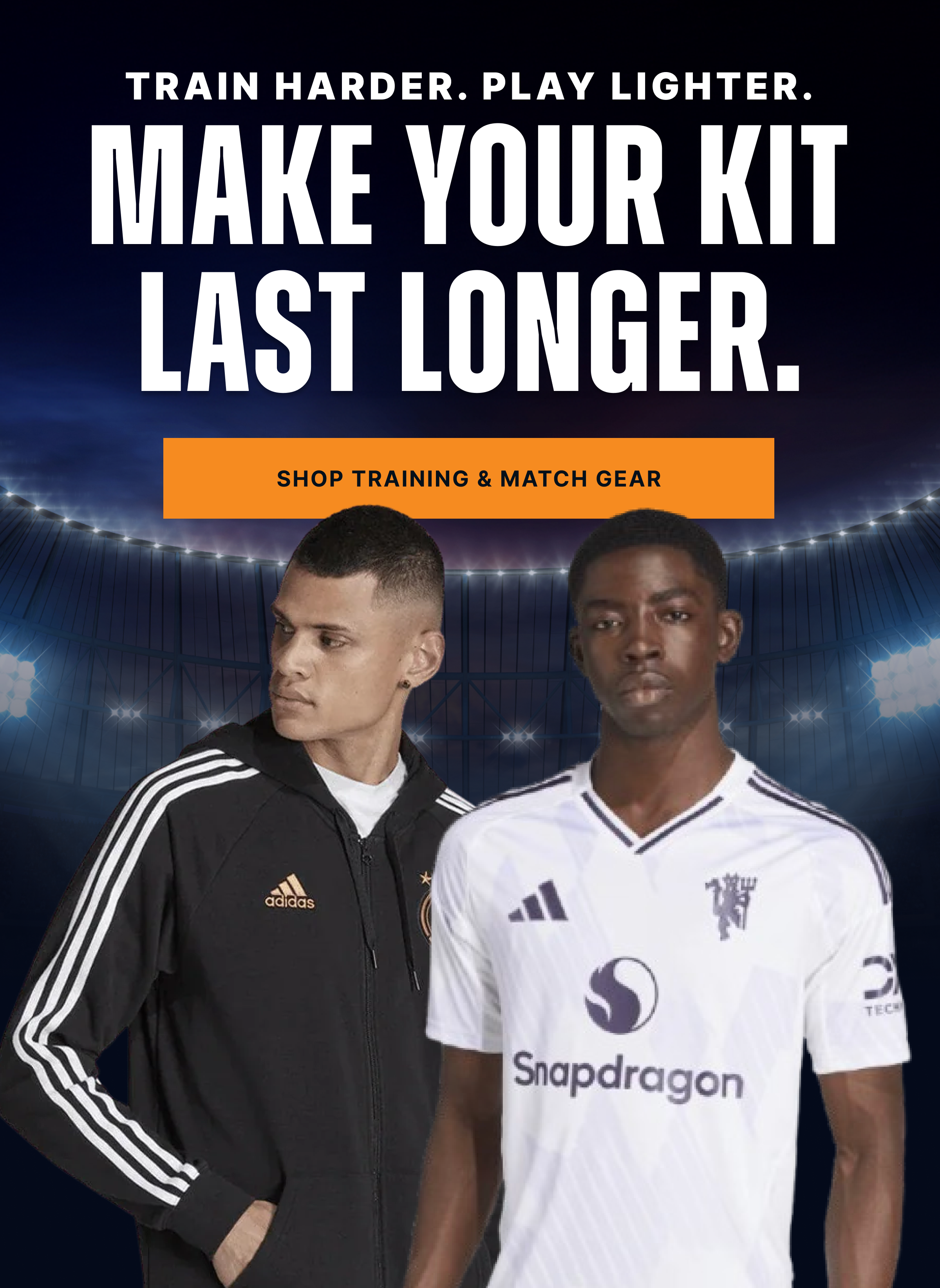 an image of two men standing next to each other in front of a stadium