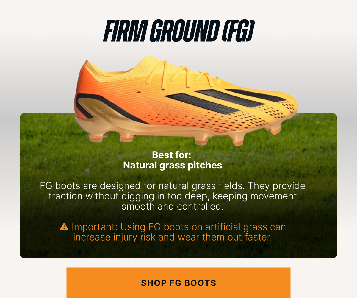Firm Ground (FG) Best for: Natural grass pitches. FG boots are designed for natural grass fields. They provide traction without digging in too deep, keeping movement smooth and controlled. ⚠️Important: Using FG boots on artificial grass can increase injury risk and wear them out faster. Shop FG boots