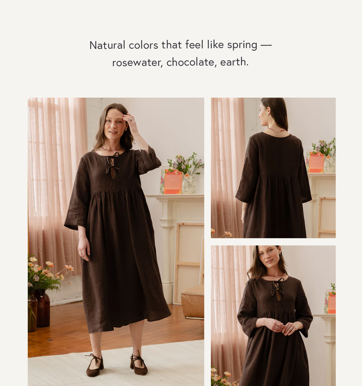 Natural colors that feel like spring — rosewater, chocolate, earth. The Birdie Bell Sleeve Dress Spring's most complimented dress. The one you'll reach for again tomorrow.