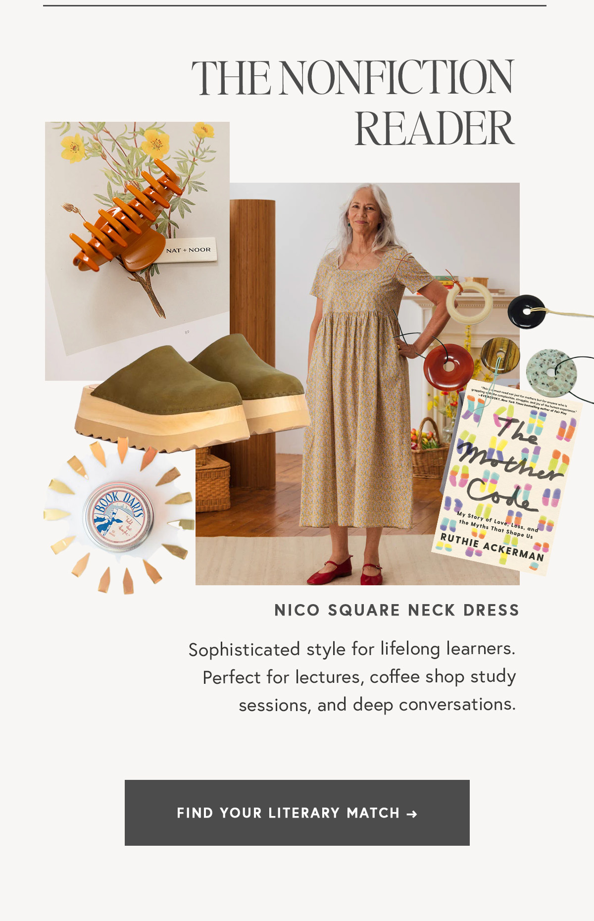 THE NONFICTION READER  Nico Square Neck Dress Sophisticated style for lifelong learners. Perfect for lectures, coffee shop study sessions, and deep conversations.