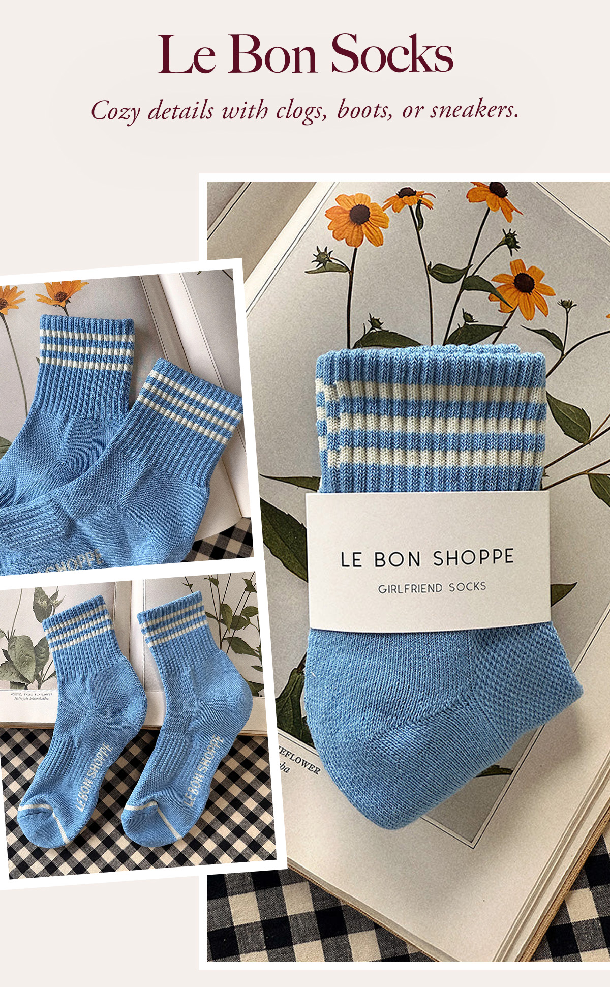 Le Bon Socks Cozy details with clogs, boots, or sneakers.  