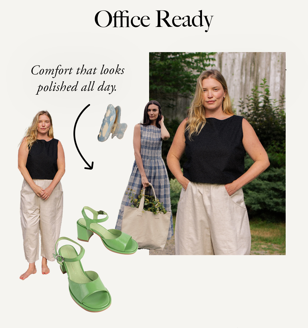 OFFICE READY Luna Tank + Porch Pants + Block Heels Comfort that looks polished all day.