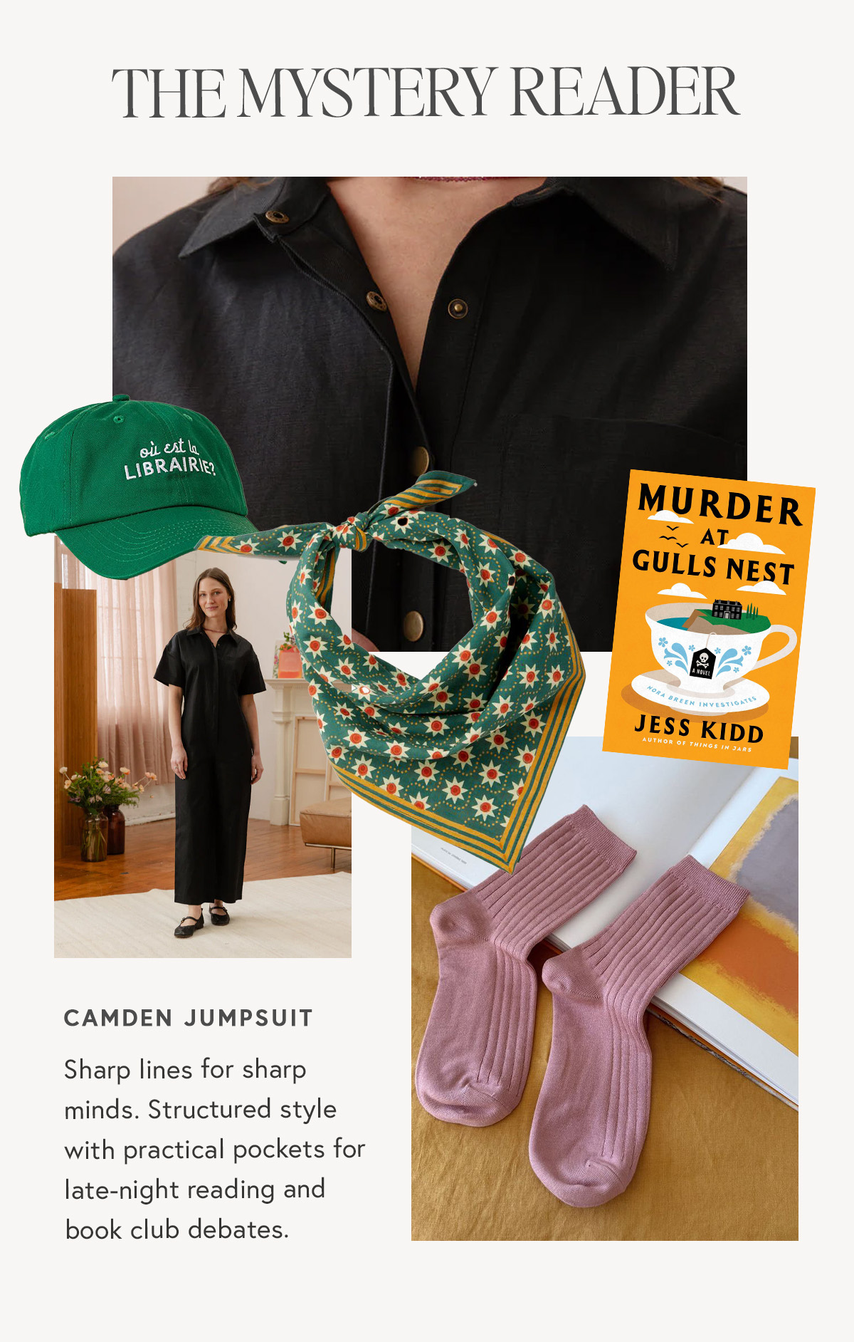 THE MYSTERY READER  Camden Jumpsuit Sharp lines for sharp minds. Structured style with practical pockets for late-night reading and book club debates.