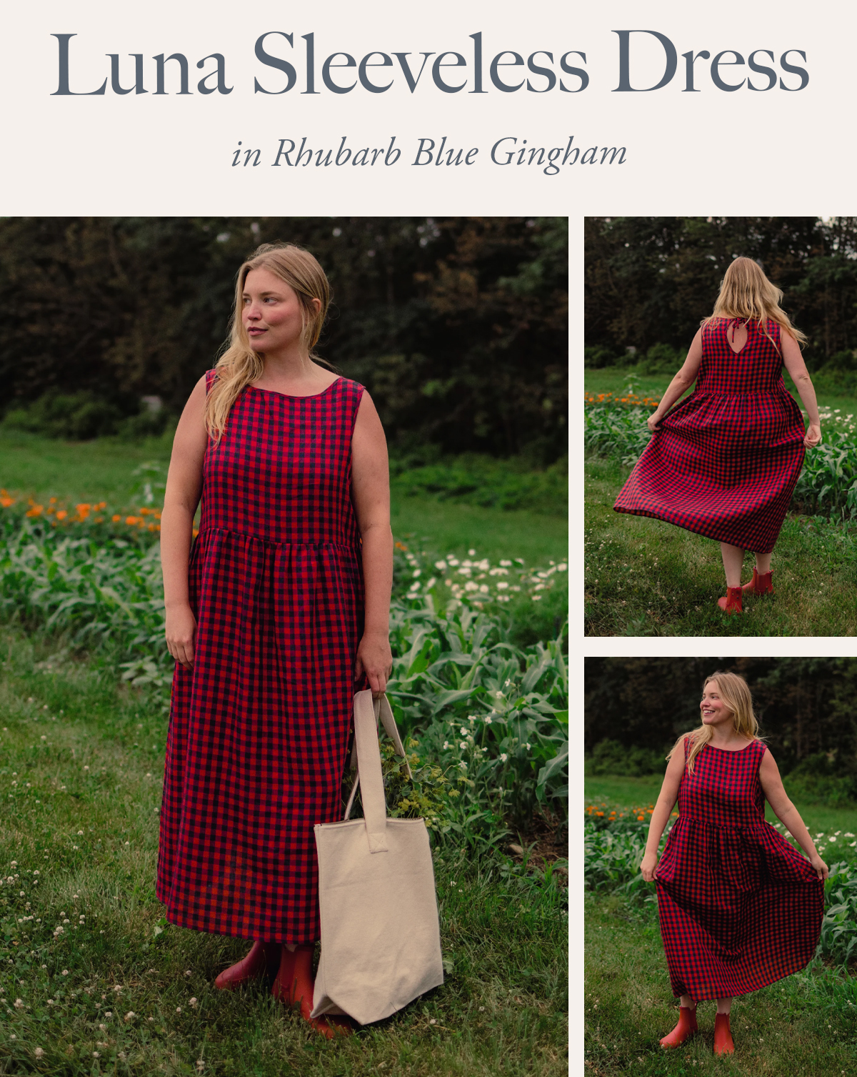LUNA SLEEVELESS DRESS IN RHUBARB BLUE GINGHAM