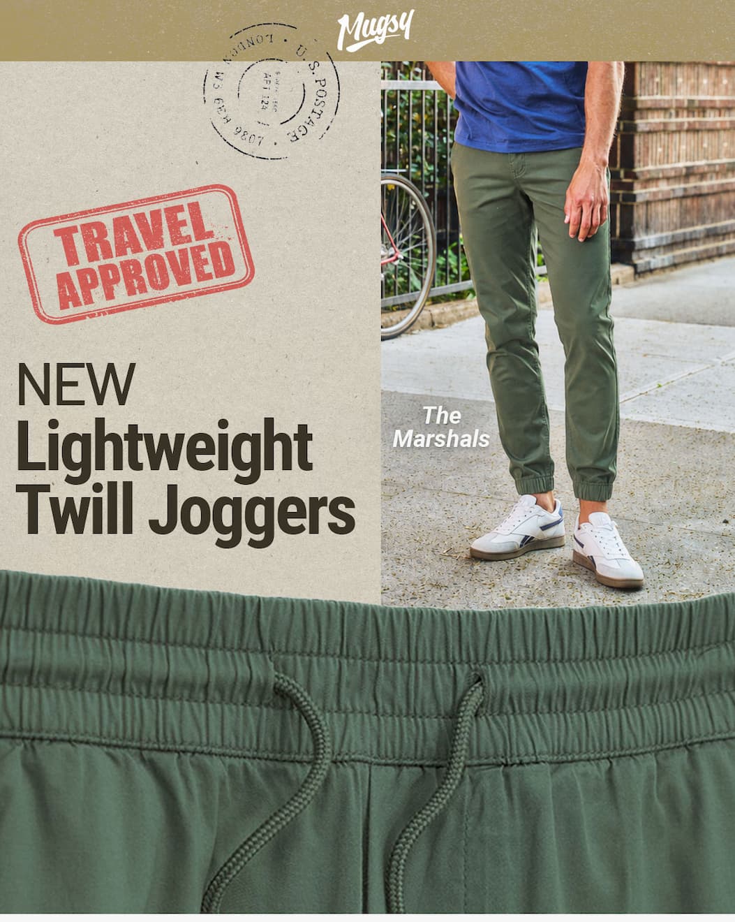 Mugsy. NEW Lightweight Twill Joggers. Travel approved.