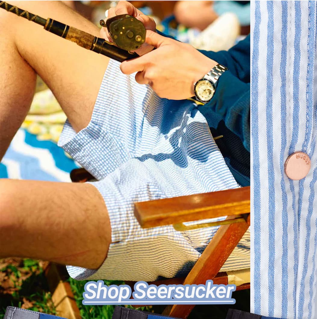 Shop Seersucker. [IMG of man in seersucker shorts fishing]
