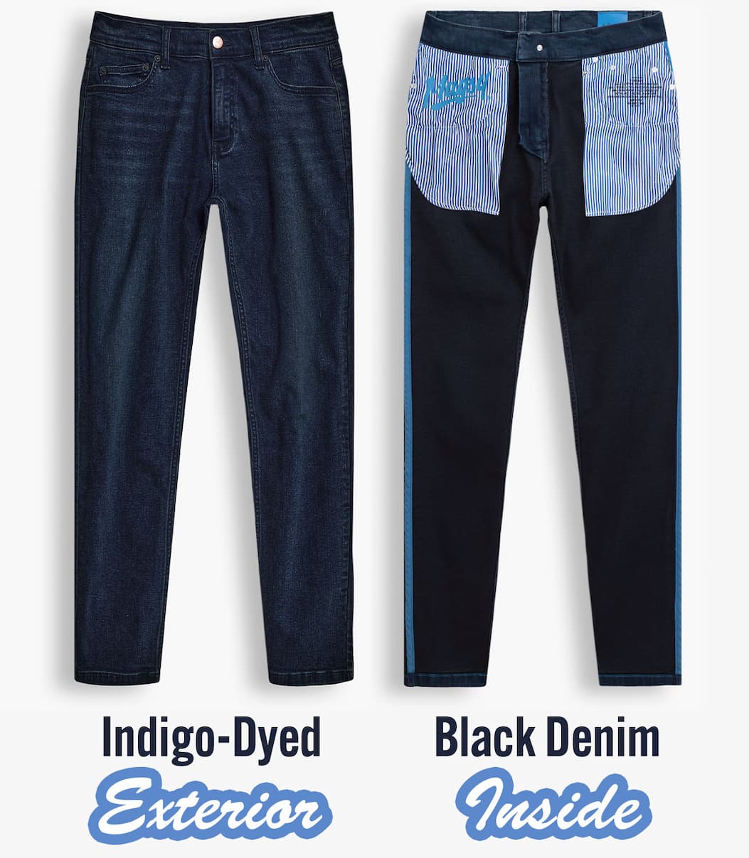 Indigo-dyed exterior, Black denim inside. 