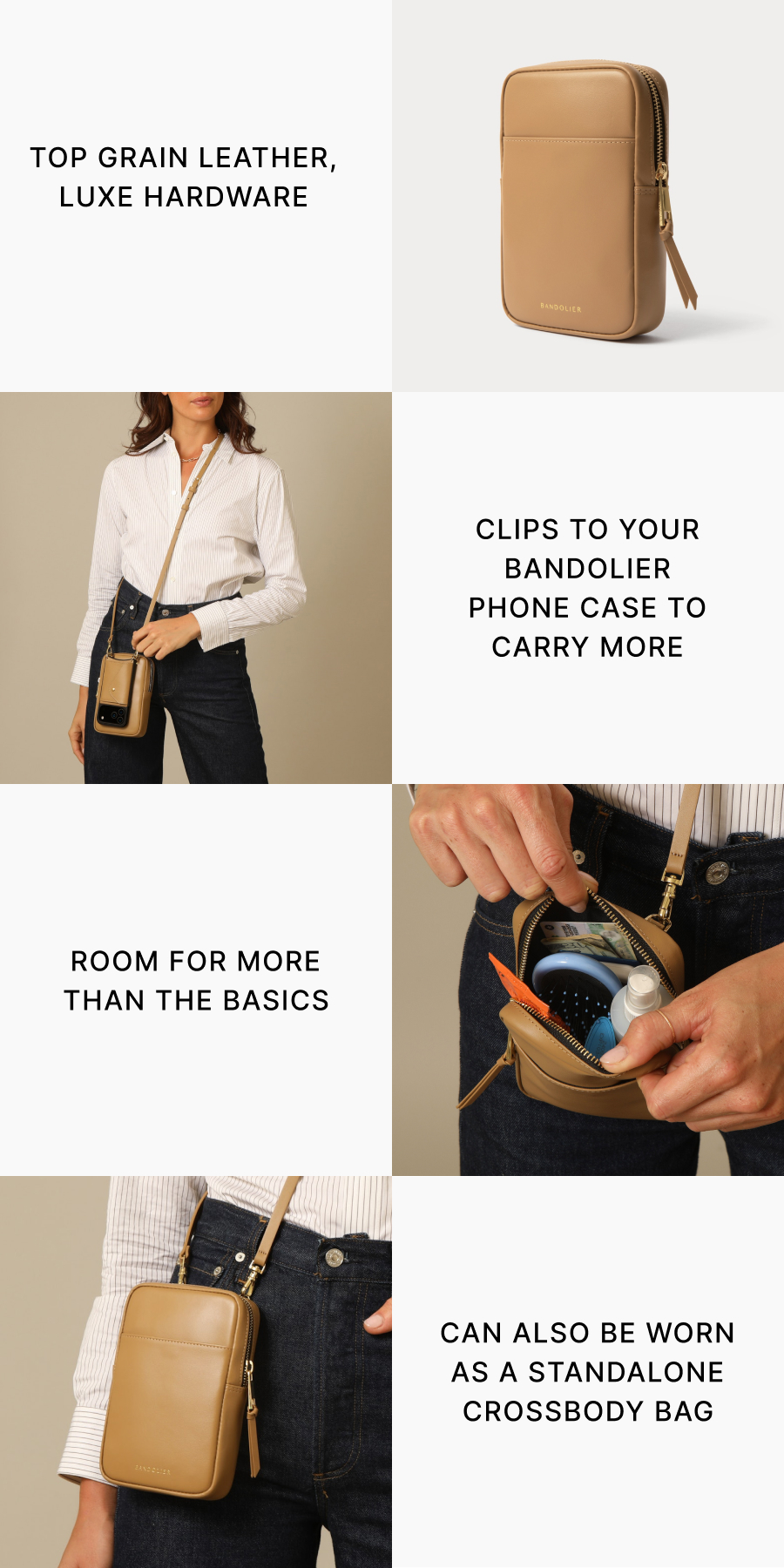 TOP GRAIN LEATHER, LUXE HARDWARE CLIPS TO YOUR BANDOLIER PHONE CASE TO CARRY MORE ROOM FOR MORE THAN THE BASICS CAN ALSO BE WORN AS A STANDALONE CROSSBODY BAG