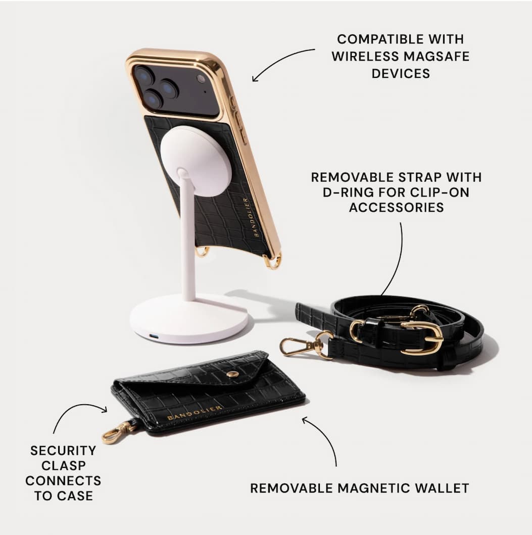 COMPATIBLE WITH WIRELESS MAGSAFEF DEVICES REMOVABLE STRAP WITH D-RING FOR CLIP-ON ACCESSORIES SECURITY CLASP CONNECTS TO CASE REMOVE MAGNETIC WALLET