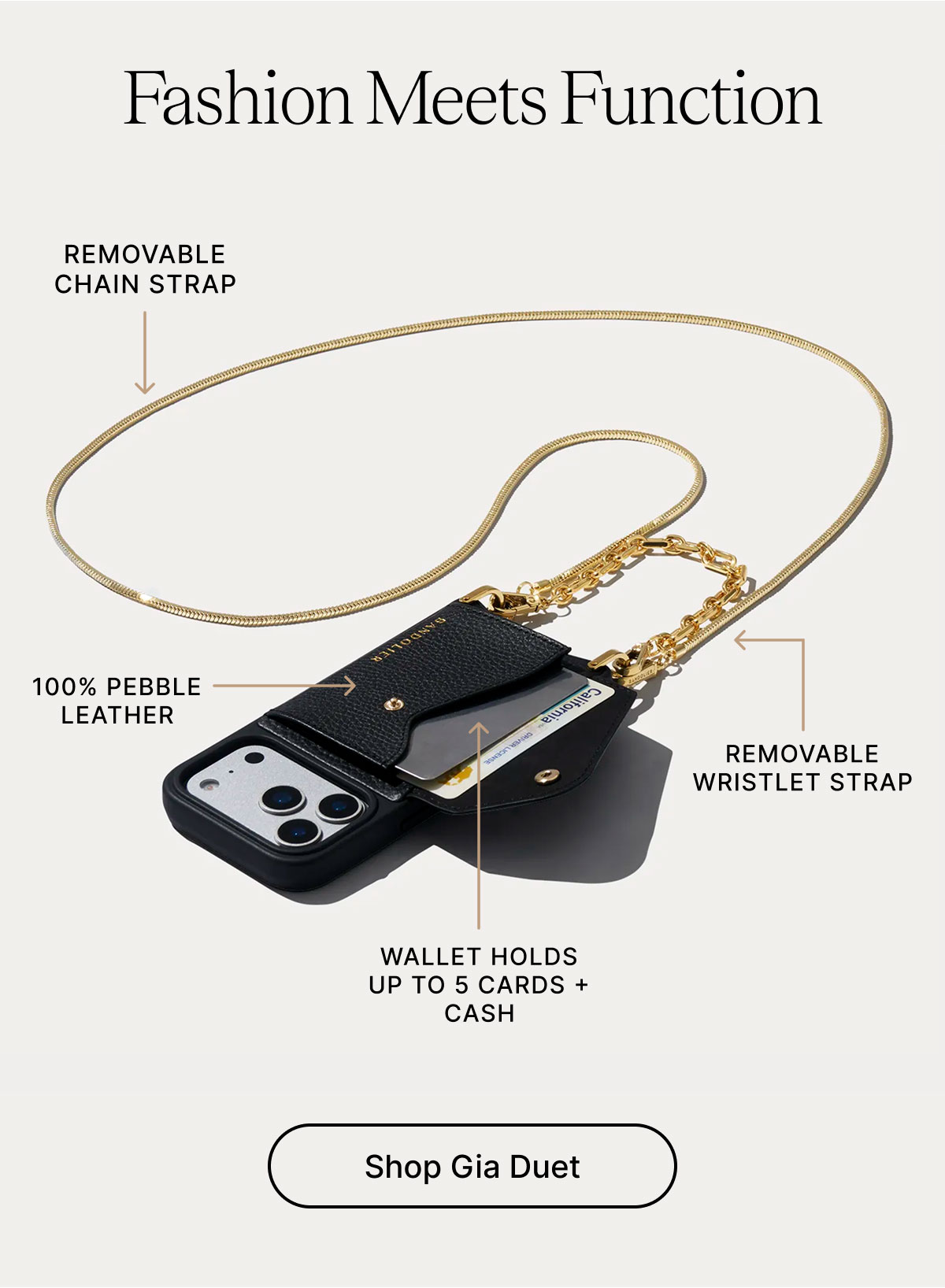 Fashion Meets Function REMOVABLE CHAIN STRAP 100% PEBBLE LEATHER REMOVABLE WRISTLET STRAP WALLET HOLDS UP TO 5 CARDS + CASH Shop Gia Duet