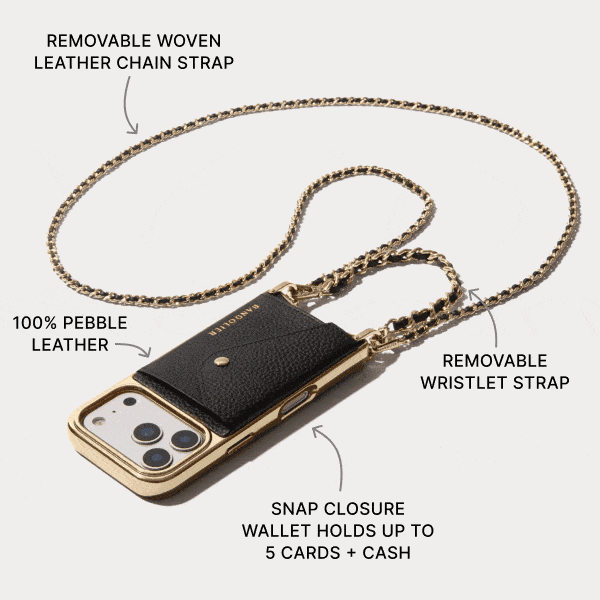 REMOVABLE WOVEN LEATHER CHAIN STRAP 100% PEBBLE LEATHER REMOVABLE WRISTLET STRAP SNAP CLOSURE WALLET HOLDS UP TO 5 CARDS + CASH