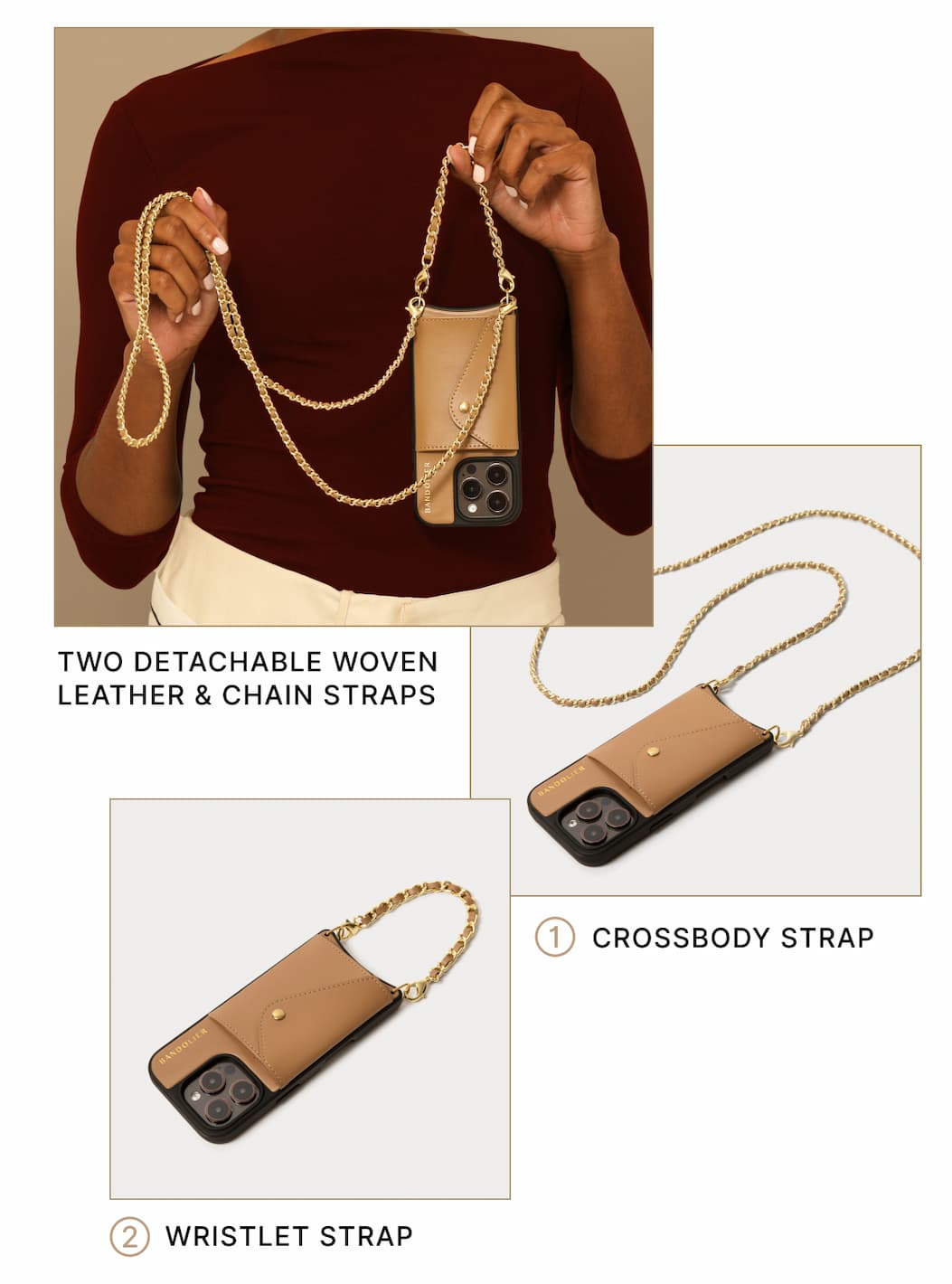 Two detachable woven leather & chain straps 1. Crossbody Strap 2. Wristlet Strap