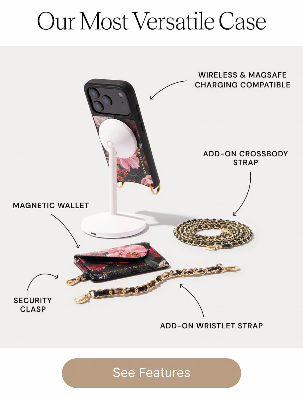 Our Most Versatile Case WIRELESS & MAGSAFE CHARGING COMPATIBLE ADD-ON CROSSBODY STRAP MAGNETIC WALLET SECURITY CLASP ADD-ON WRISTLET STRAP See Features