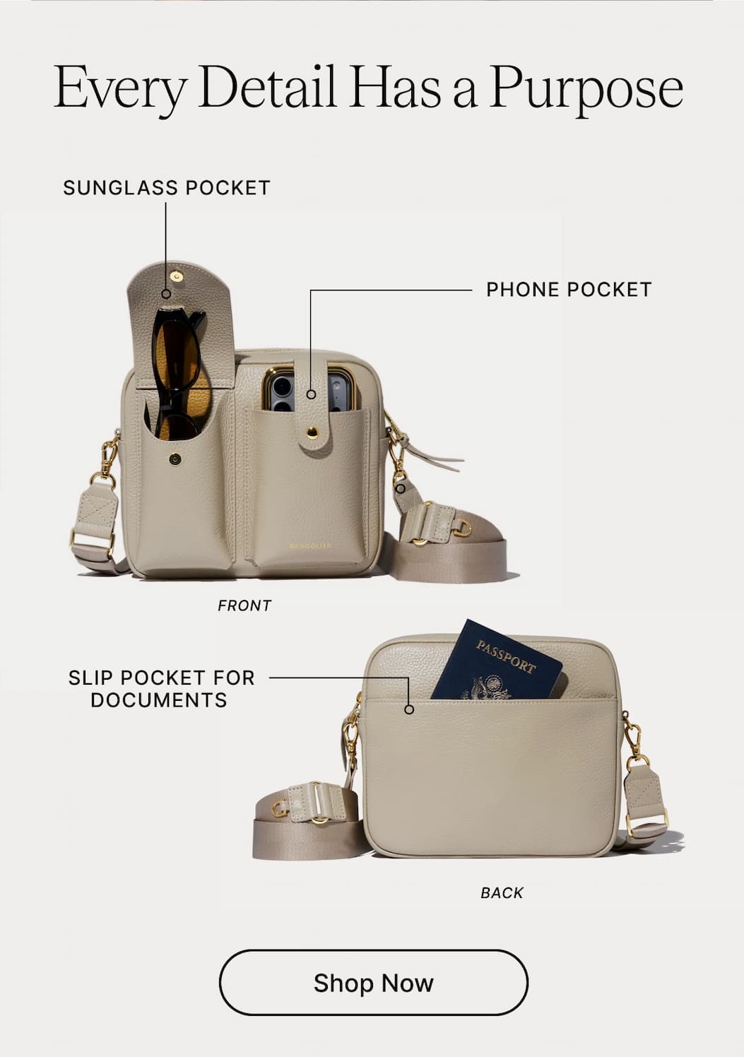 Every Detail Has a Purpose SUNGLASS POCKET PHONE POCKET FRONT SLIP POCKET FOR DOCUMENTS BACK Shop Now