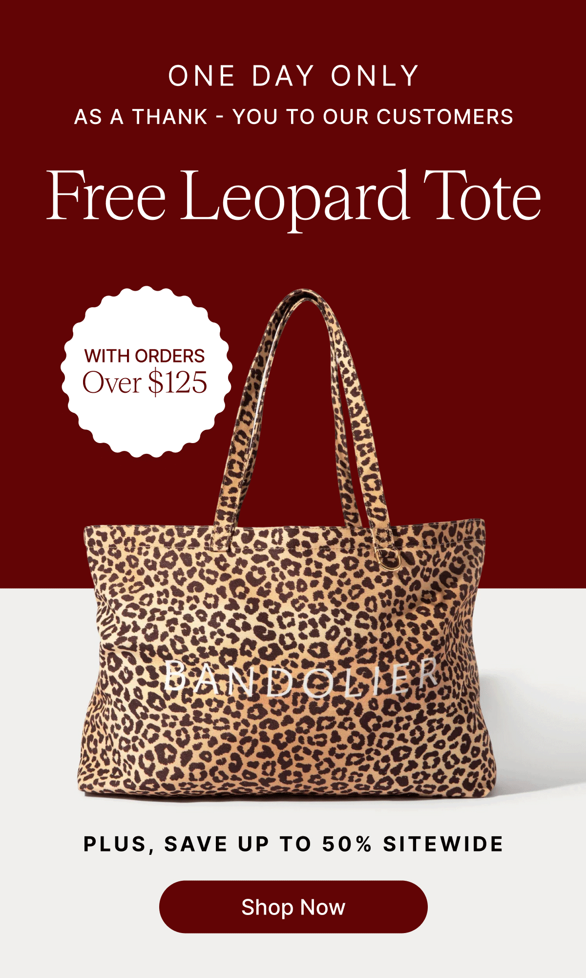 ONE DAY ONLY AS A THANK - YOU TO OUR CUSTOMER Free Leopard Tote WITH ORDERS OVER $125 PLUS, SAVE UP TO 50% SITEWIDE Shop Now