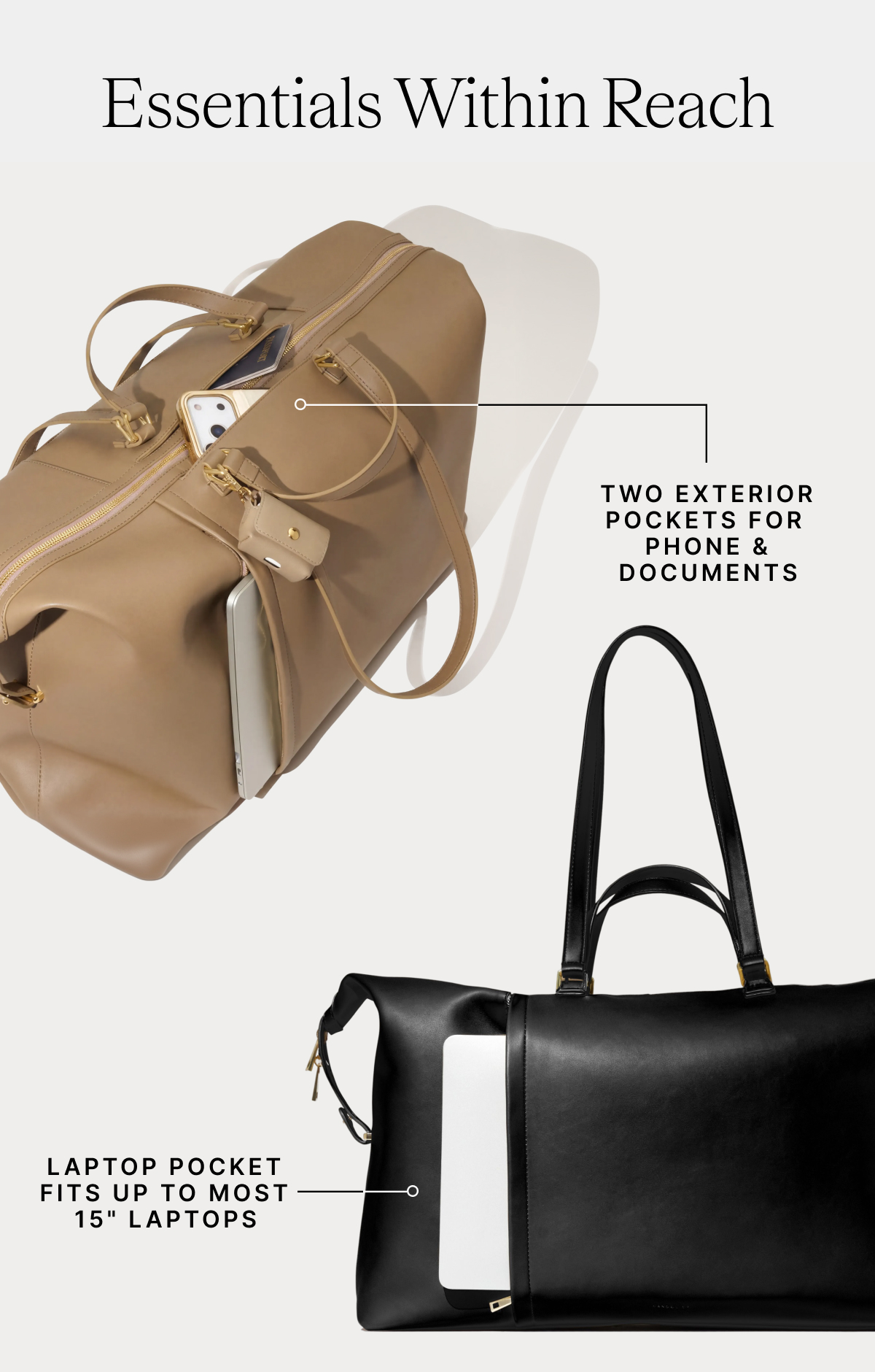 Essentials Within Reach TWO EXTERIOR POCKETS FOR PHONE & DOCUMENTS LAPTOP POCKET FITS UP TO MOST 15" LAPTOPS