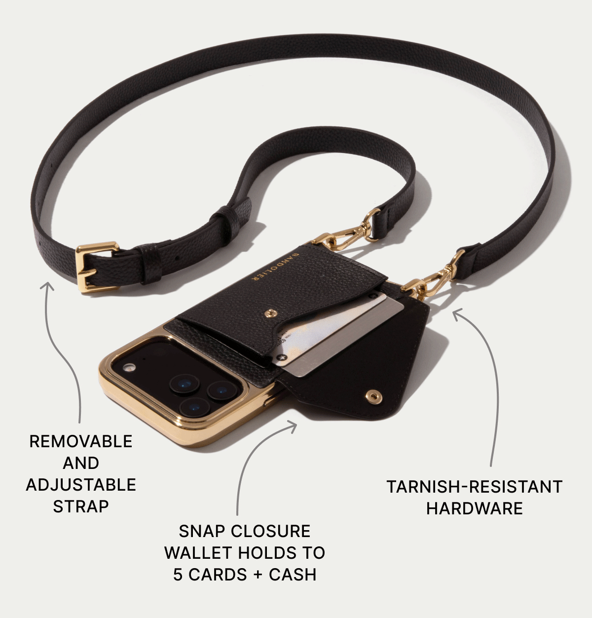 REMOVABLE AND ADJUSTABLE STRAP SNAP CLOSURE WALLET HOLDS TO 5 CARDS + CASH TARNISH-RESISTANT HARDWARE