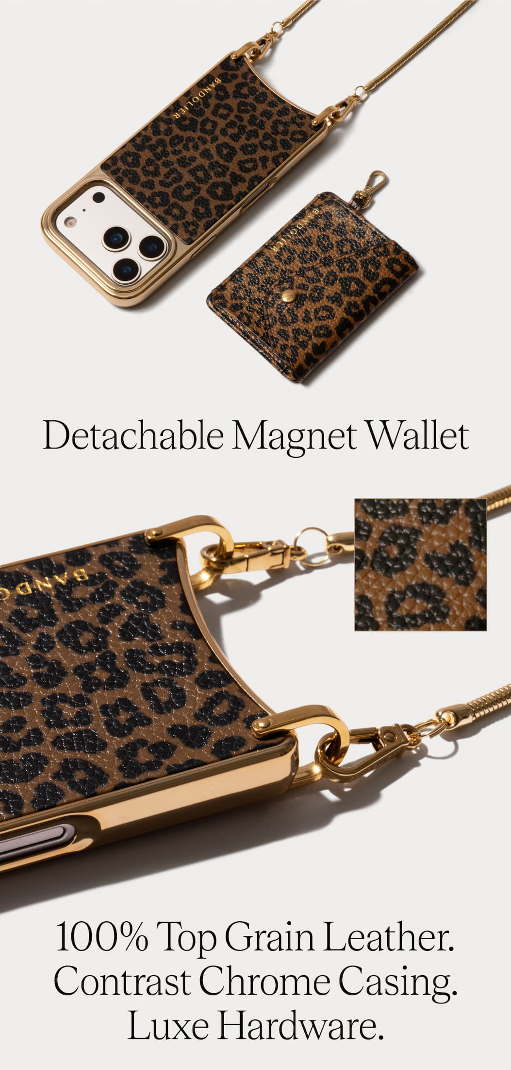 Detachable Magnet Wallet 100% Top Grain Leather. Contrast Chrome Casing. Luxe Hardware.