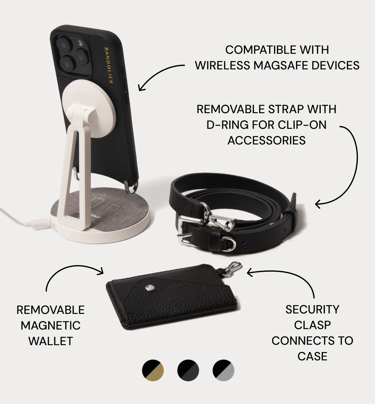 Compatible with wireless MagSafe devices Removable strap with d-ring for clip-on accessories Removable magnetic wallet Security clasp connects to case