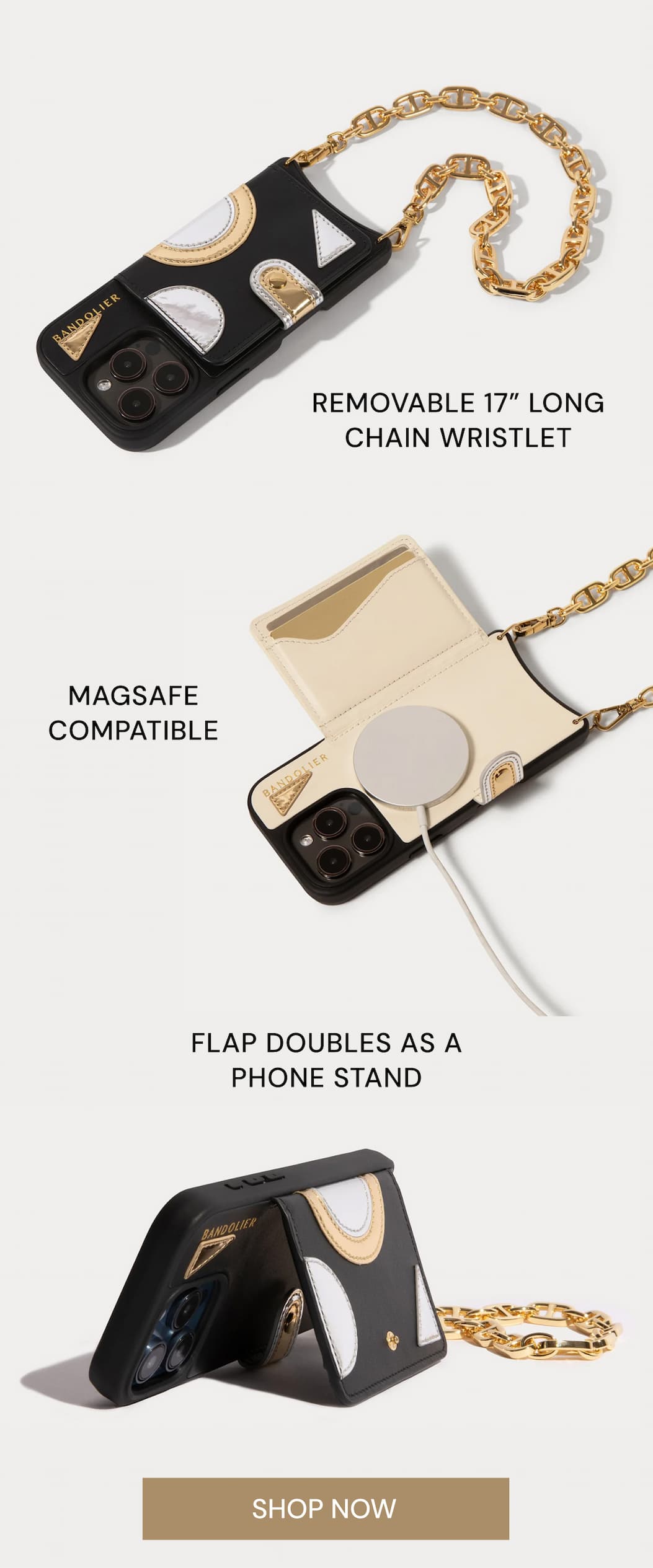 REMOVABLE 17" LONG CHAIN WRISTLET MAGSAFE COMPATIBLE FLAP DOUBLES AS A PHONE STAND SHOP NOW
