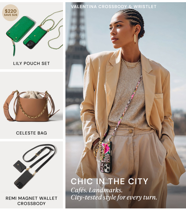 $220 save $26 LILY POUCH SET CELESTE BAG REMI MAGNET WALLET CROSSBODY VALENTINA CROSSBODY & WRISTLET CHIC IN THE CITY Cafes, landmarks. City-tested style for every turn.