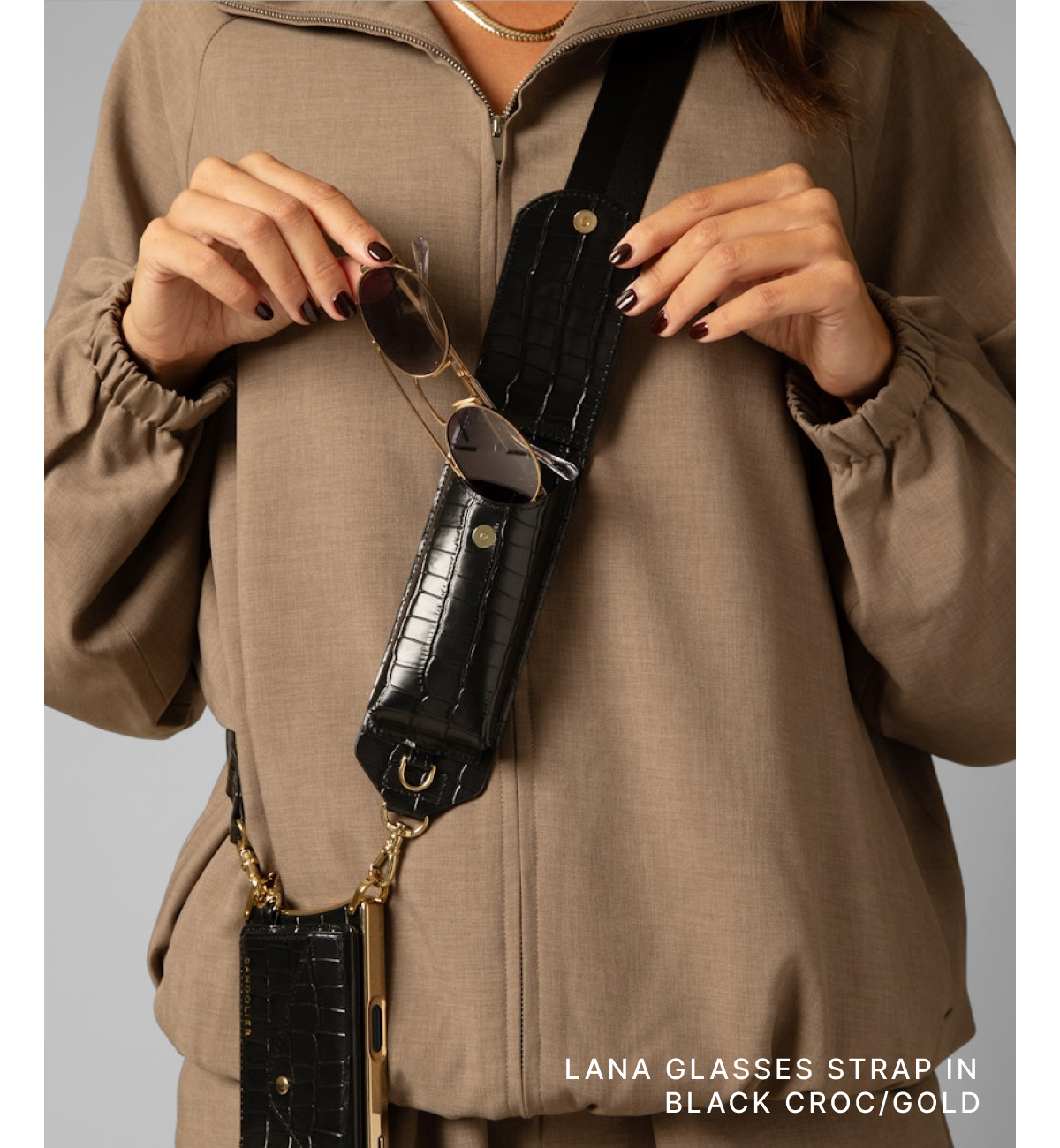 LANA GLASSES STRAP IN BLACK CROC/GOLD