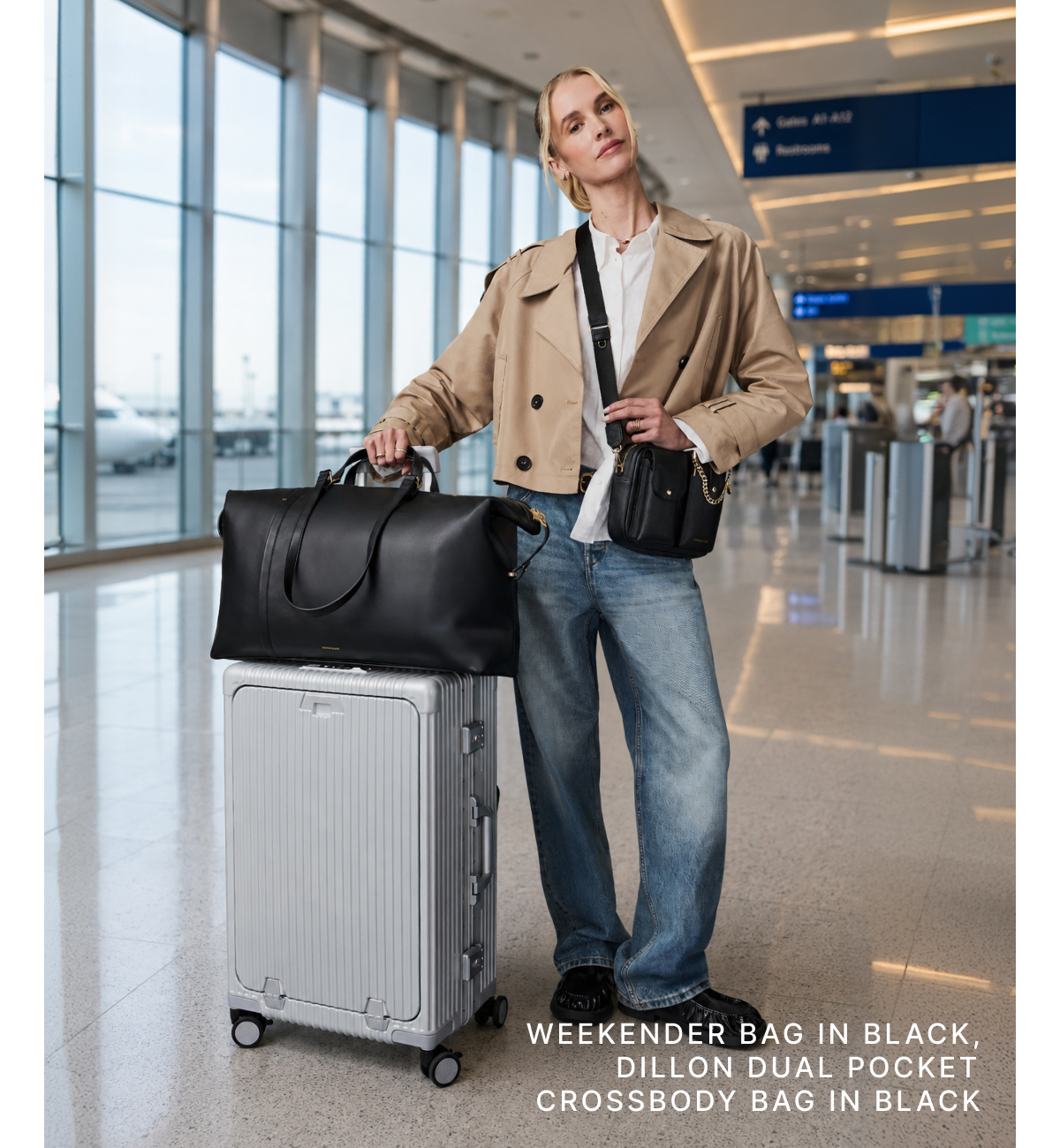 WEEKENDER BAG IN BLACK, DILLON DUAL POCKET CROSSBODY BAG IN BLACK