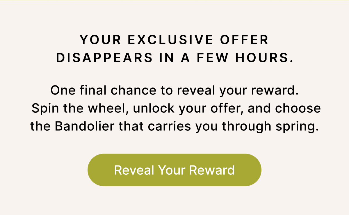 YOUR EXCLUSIVE OFFER DISAPPEARS IN A FEW HOURS. One final chance to reveal your reward.  Spin the wheel, unlock your offer, and choose the Bandolier that carries you through spring. Reveal Your Reward