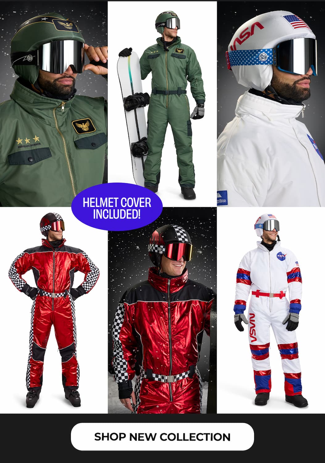 Main Character on the mountain - snowsuits with matching helmet covers!