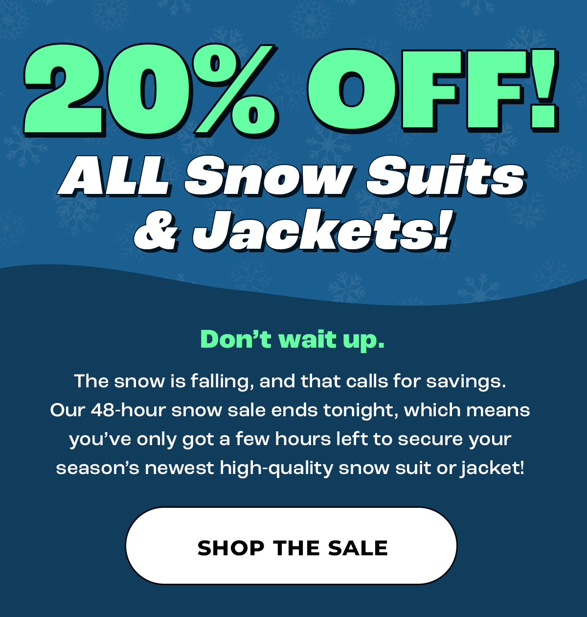 20% off! All Snow Suits and Jackets! Don't wait up. The snow is falling, and that calls for savings. Our 48-hour snow sale ends tonight, which means you've only got a few hours left to secure your season's newest high-quality snow suit or jacket! Shop the Sale