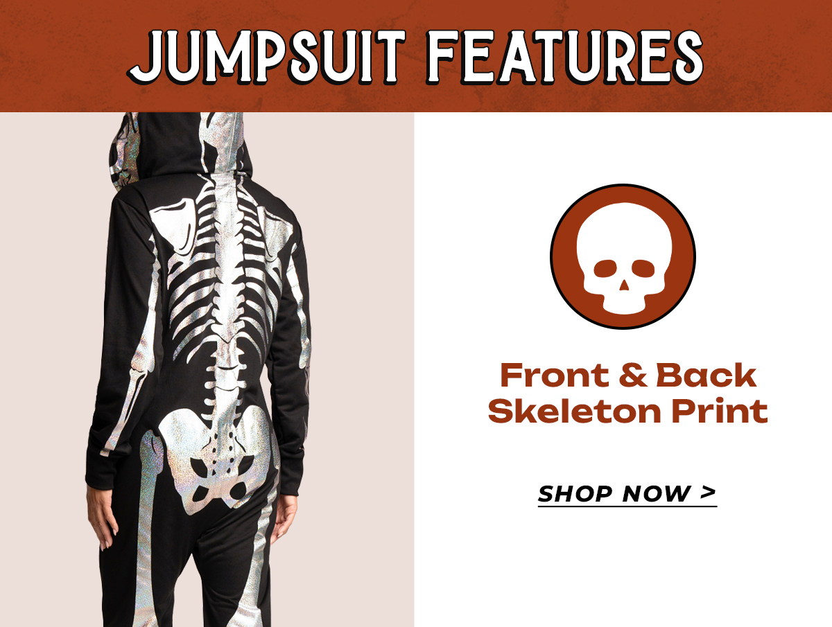 Jumpsuit features: Front and back skeleton print. Shop now.