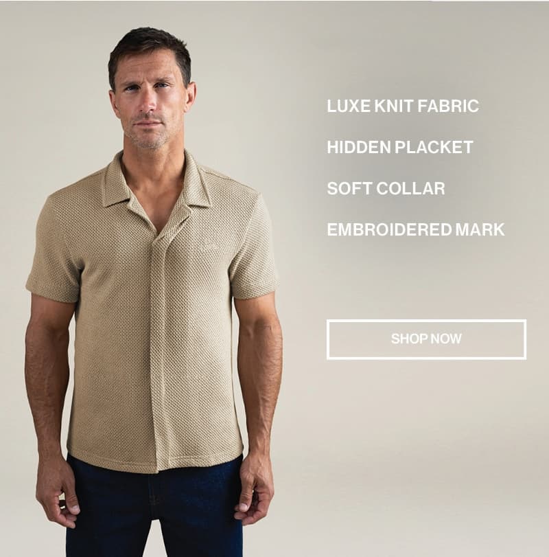 luxe knit fabric, hidden placket, soft collar