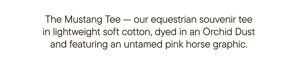 The Mustang Tee — our equestrian souvenir tee in lightweight soft cotton, dyed in an Orchid Dust and featuring an untamed pink horse graphic.