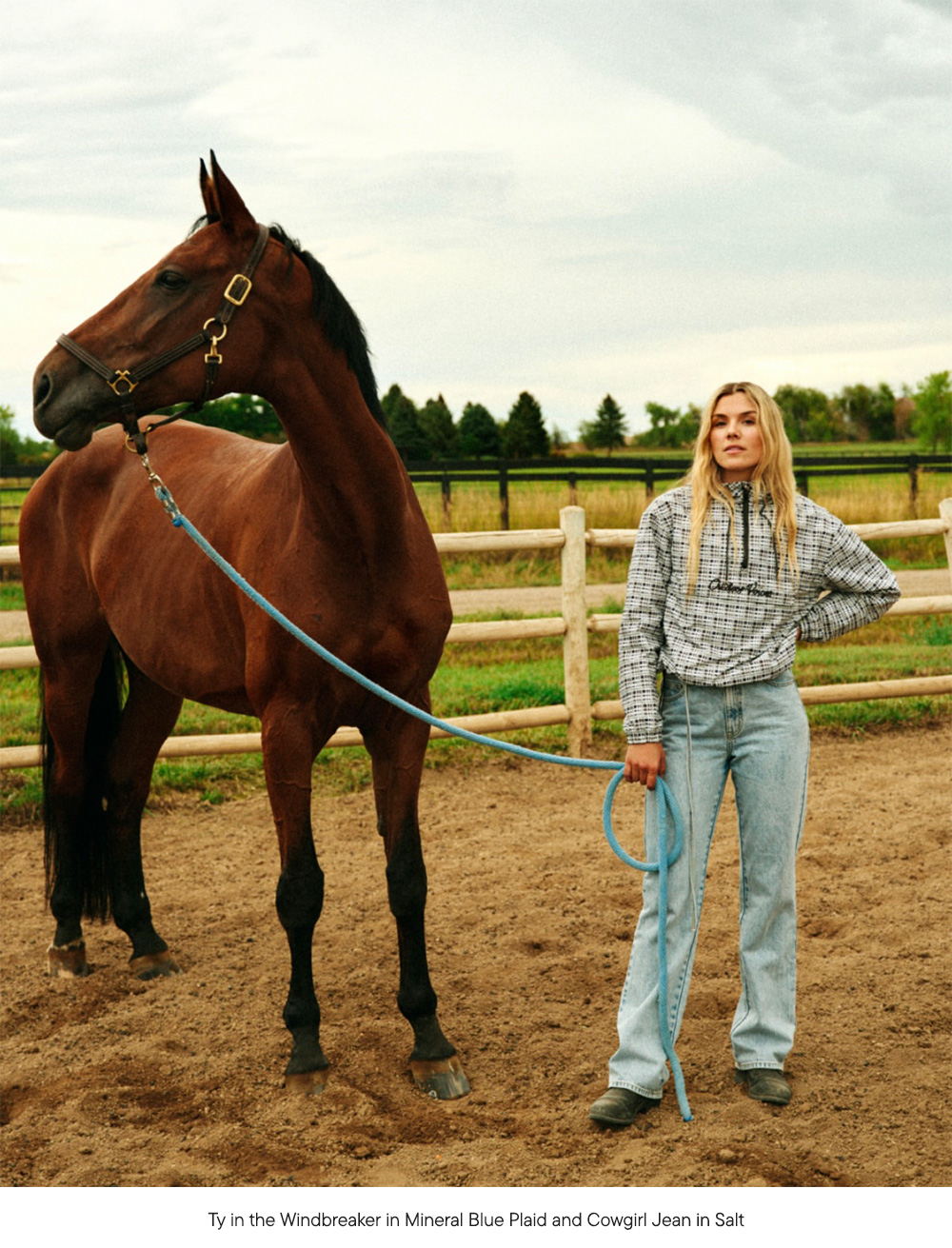 Ty in the Windbreaker in Mineral Blue Plaid and Cowgirl Jean in Salt