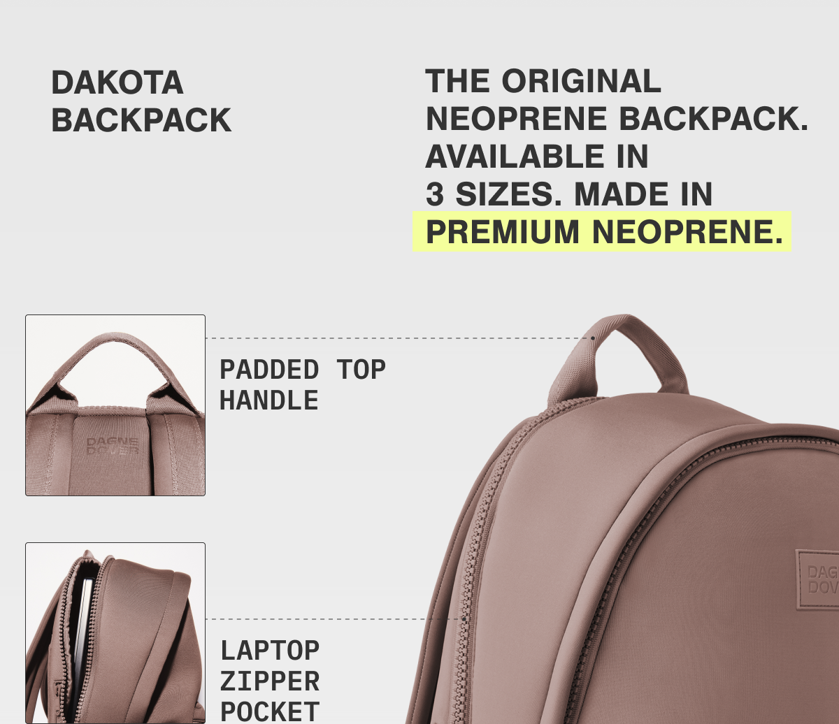 THE ORIGINAL NEOPRENE BACKPACK. AVAILABLE IN 3 SIZES. MADE IN PREMIUM NEOPRENE. Padded Top Handle. Laptop Zipper Pocket.
