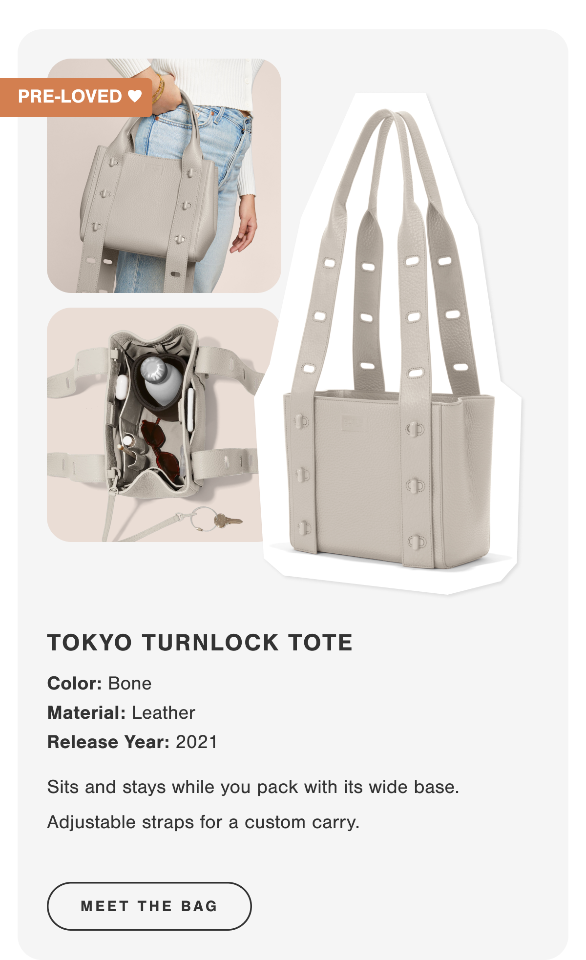 TOKYO TURNLOCK TOTE. Sits and stays while you pack with its wide base. Adjustable straps for a custom carry.