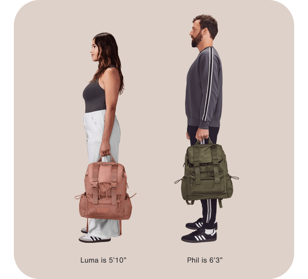 Brooklyn backpack on 5'10" and 6'3" models.