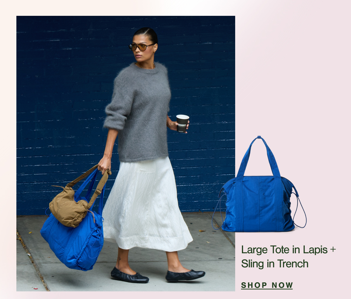 Large Tote in Lapis + Sling in Trench. SHOP NOW.