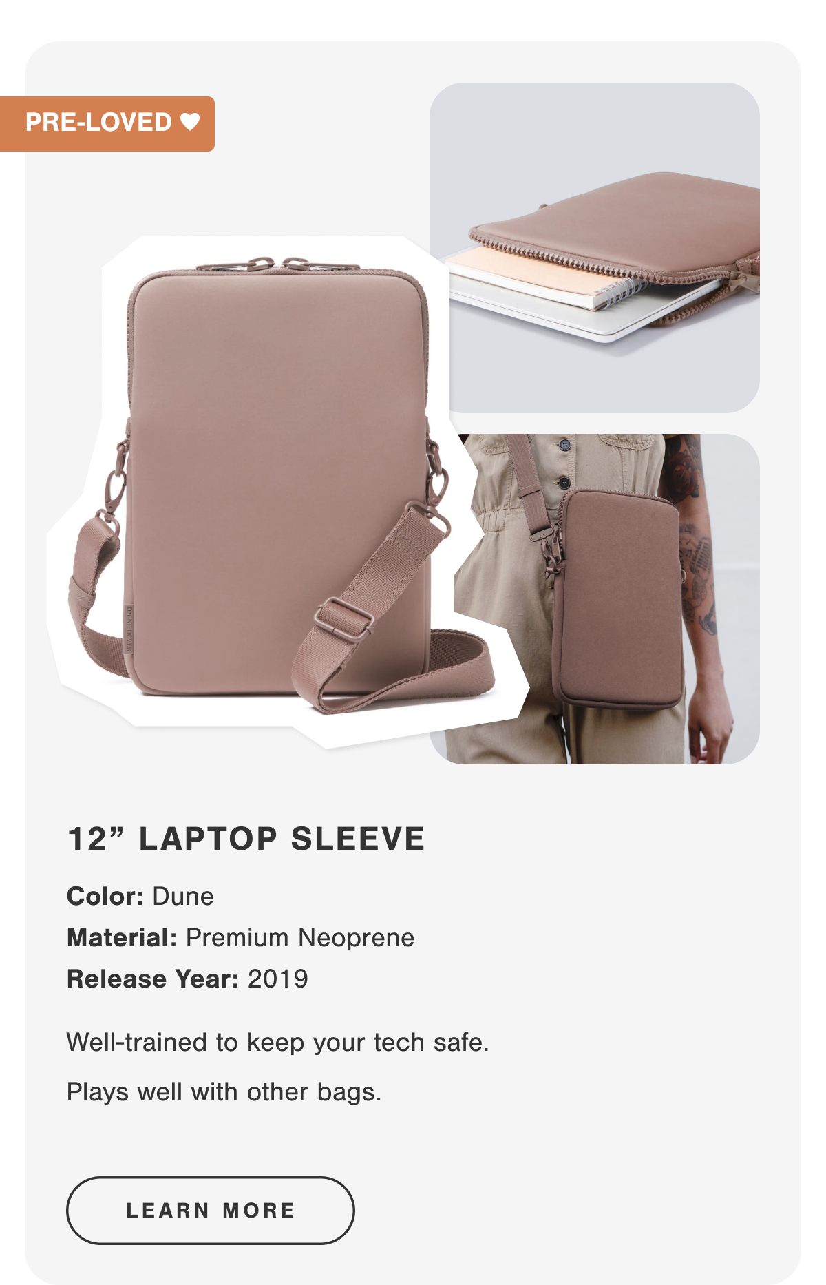 12" LAPTOP SLEEVE. Well-trained to keep your tech safe. Plays well with other bags.