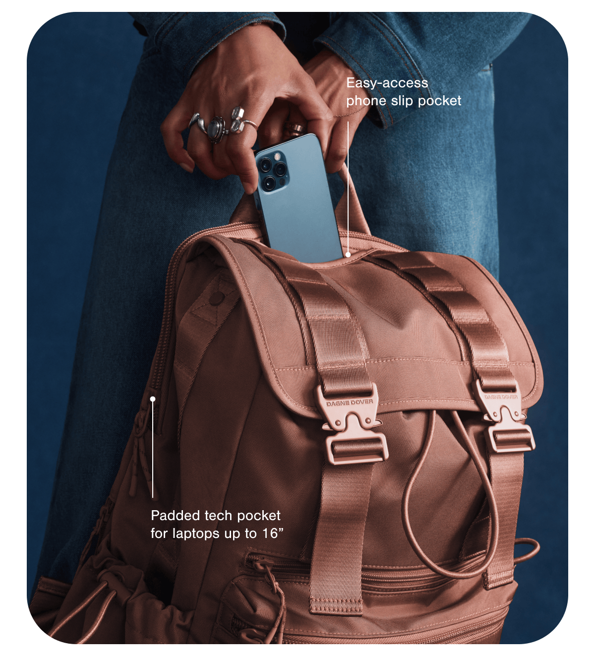 Easy access phone slip pocket. Padded tech pocket for laptops up to 16".